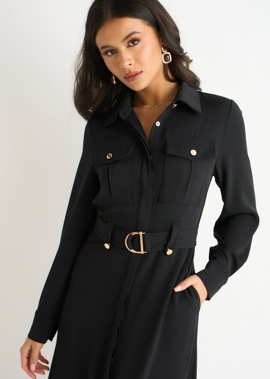 Gini London Black Luxe Gold Button Utility Shirt Dress
