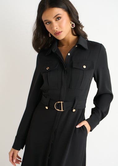 Gini London Black Luxe Gold Button Utility Shirt Dress