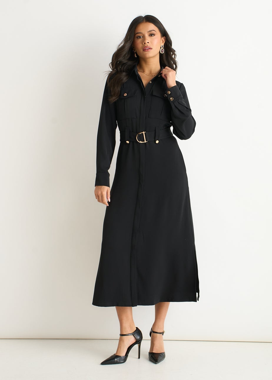 Gini London Black Luxe Gold Button Utility Shirt Dress