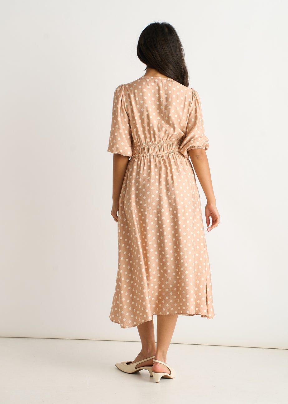 Gini London Oatmeal Spot Print Shirred Waist Shift Midi Dress