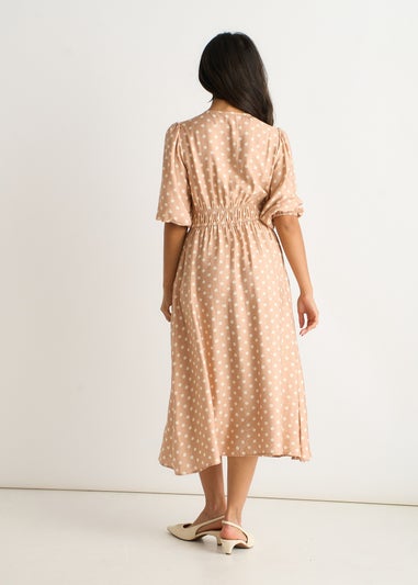 Gini London Oatmeal Spot Print Shirred Waist Shift Midi Dress