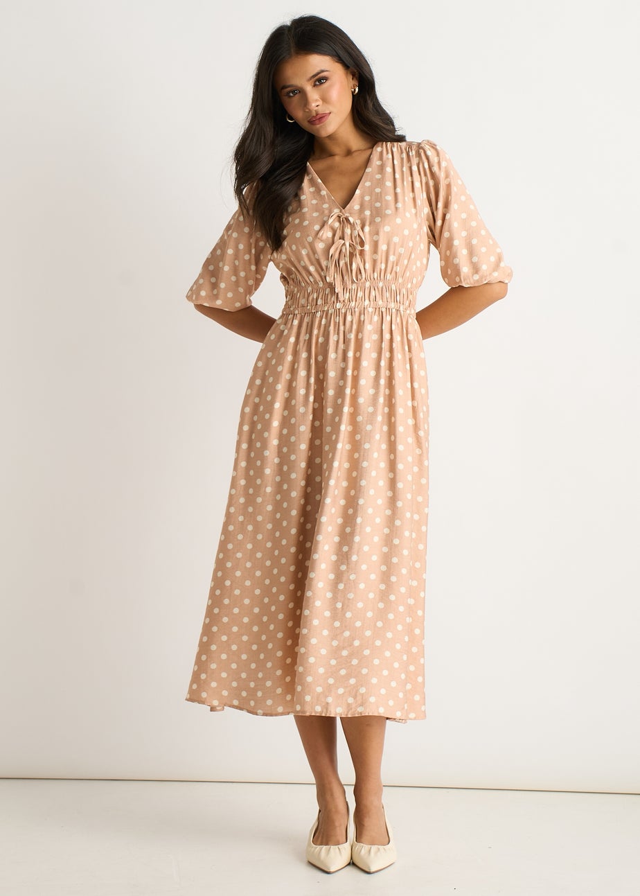Gini London Oatmeal Spot Print Shirred Waist Shift Midi Dress