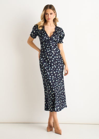Gini London Navy Floral Lace Trim V Neck Midi Dress