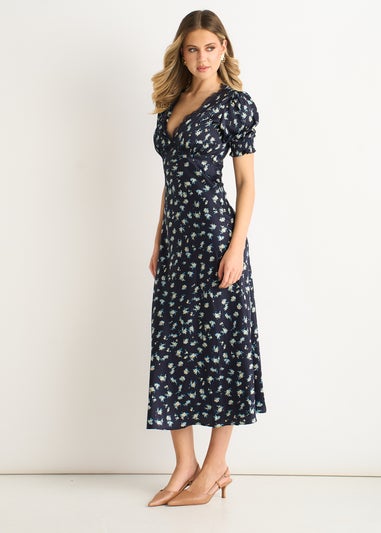 Gini London Navy Floral Lace Trim V Neck Midi Dress