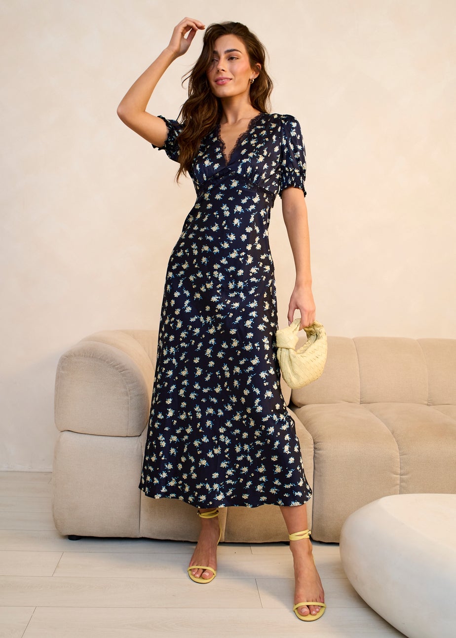 Gini London Navy Floral Lace Trim V Neck Midi Dress