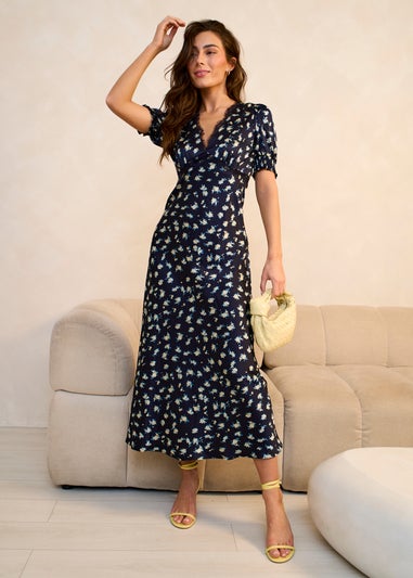 Gini London Navy Floral Lace Trim V Neck Midi Dress