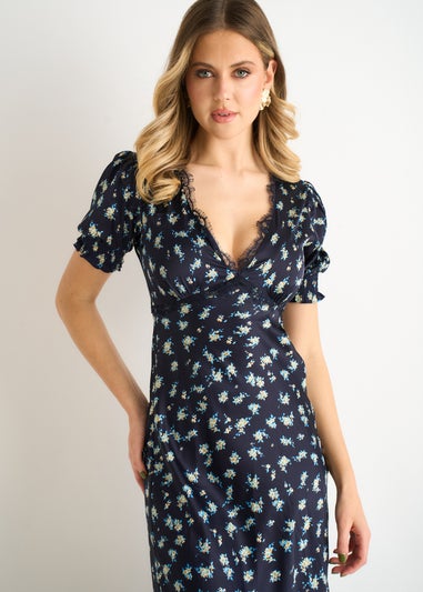 Gini London Navy Floral Lace Trim V Neck Midi Dress