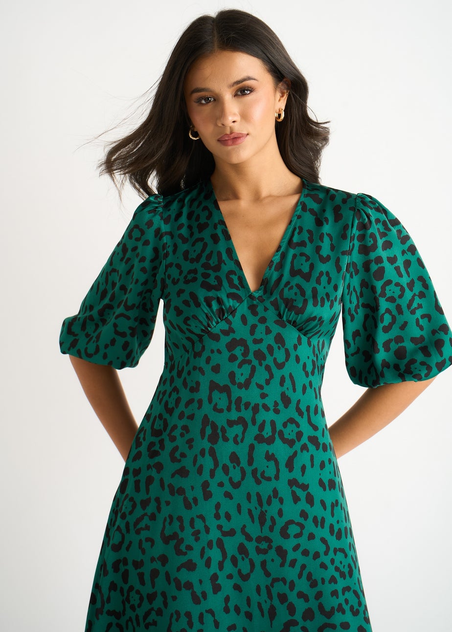 Gini London Green Animal Print Satin Midi Dress