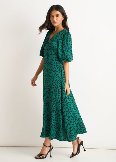 Gini London Green Animal Print Satin Midi Dress