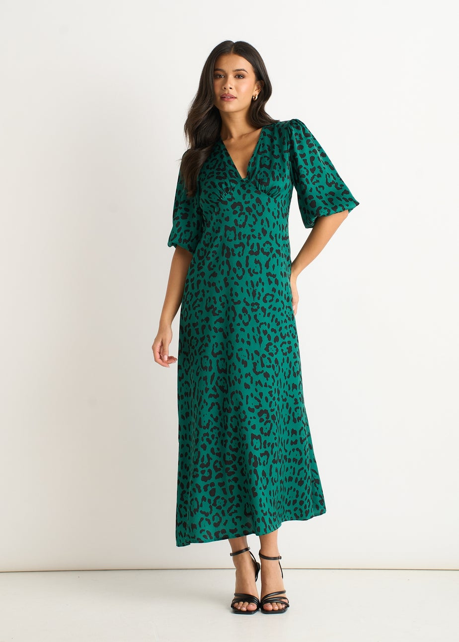 Gini London Green Animal Print Satin Midi Dress