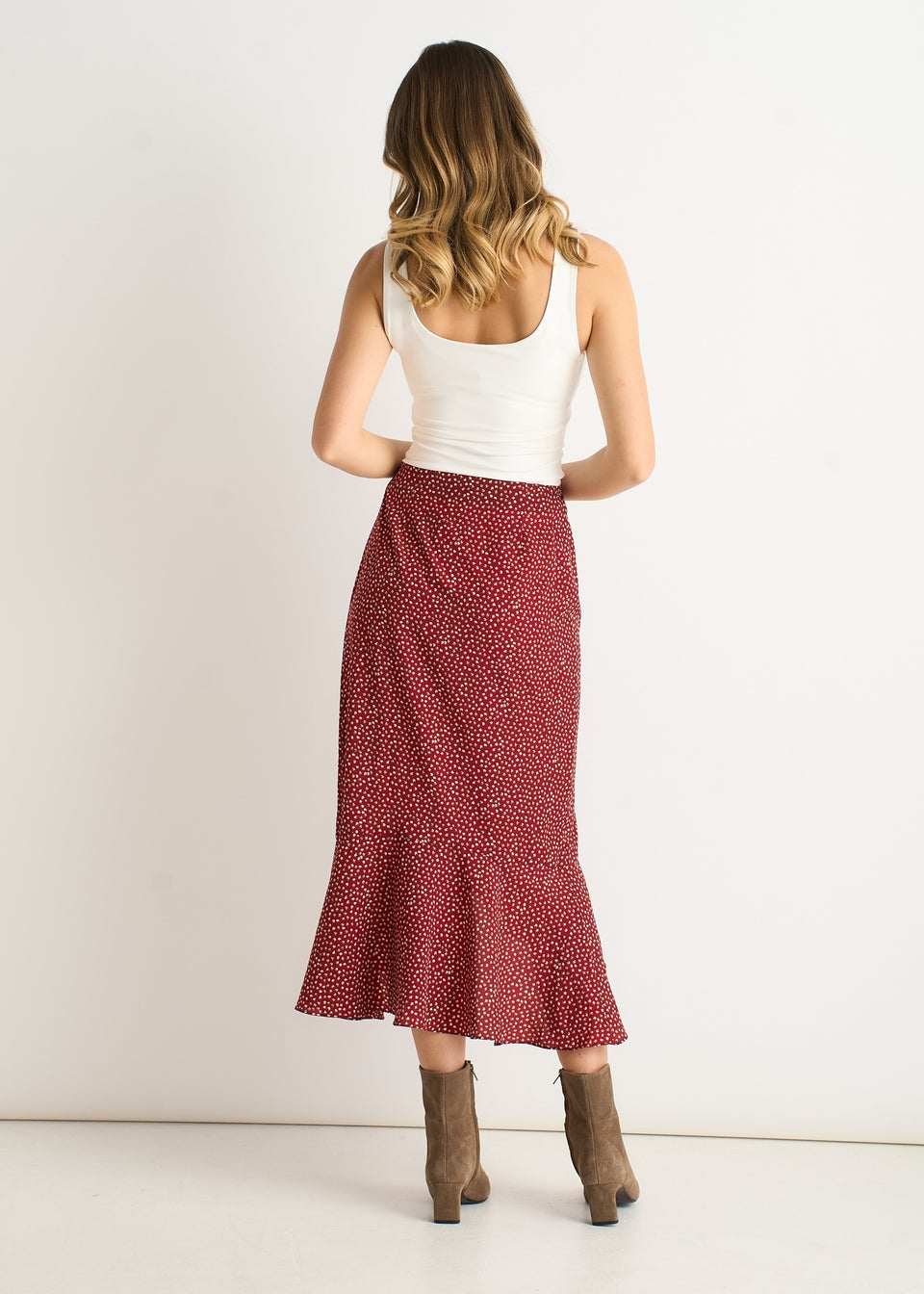 Gini London Red Polka Dot Ruffle Midi Skirt