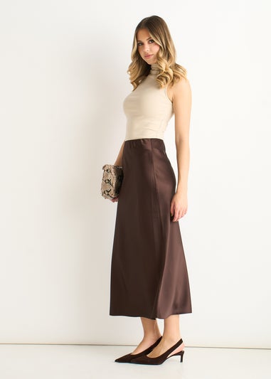 Gini London Chocolate Satin Bias Cut Midi Skirt