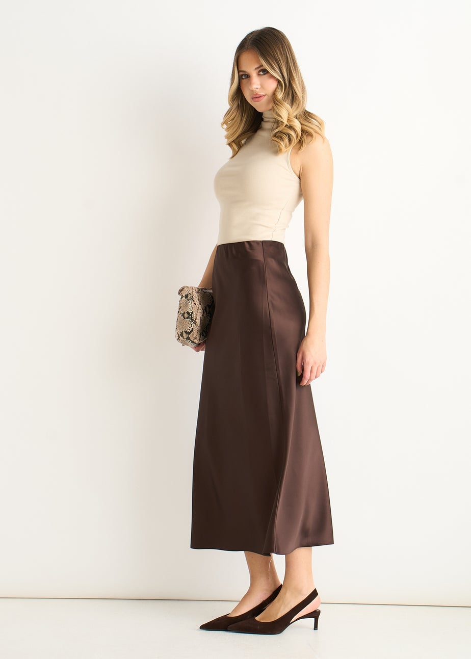 Gini London Chocolate Satin Bias Cut Midi Skirt