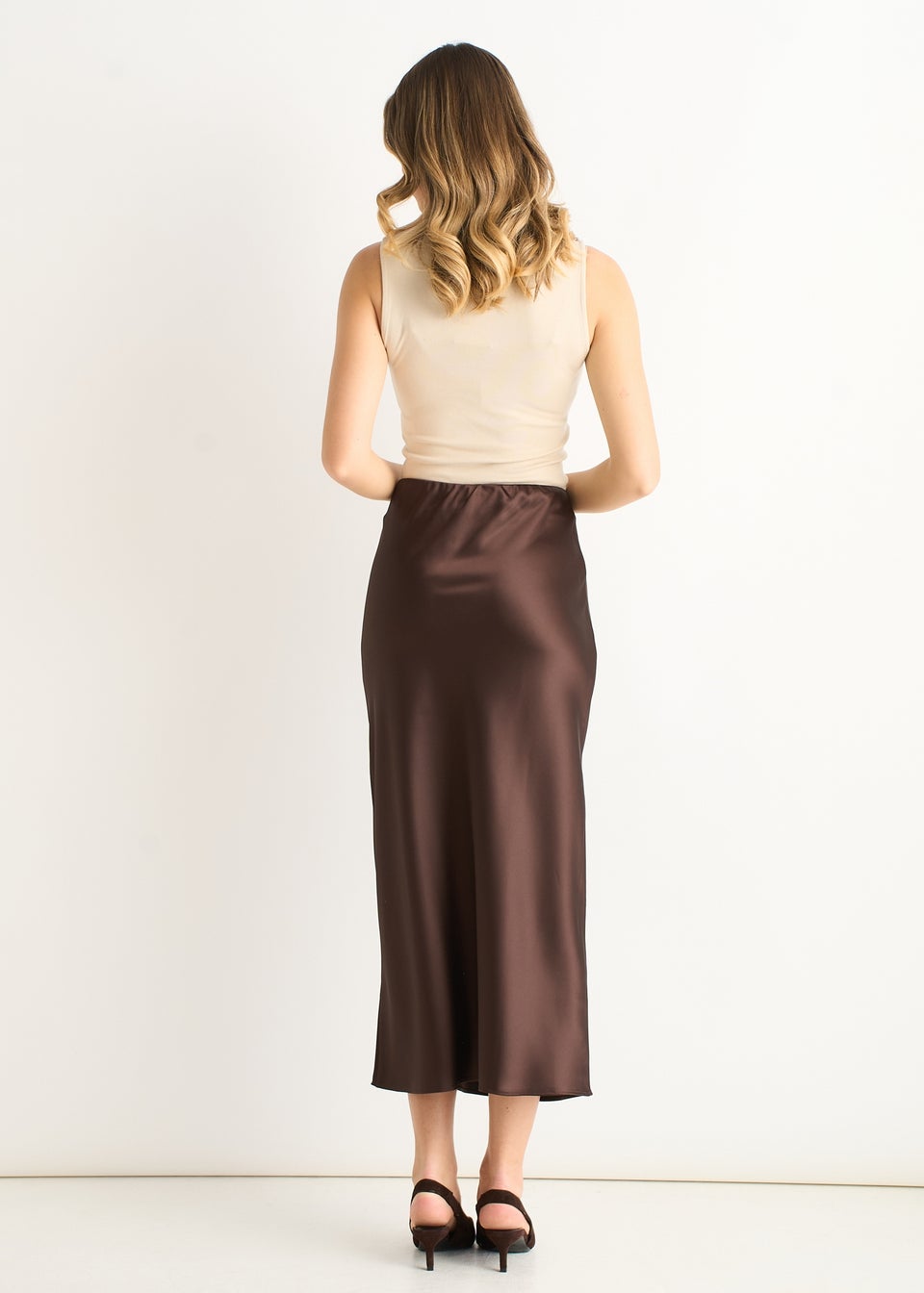 Gini London Chocolate Satin Bias Cut Midi Skirt