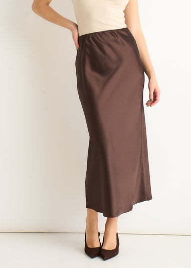 Gini London Chocolate Satin Bias Cut Midi Skirt