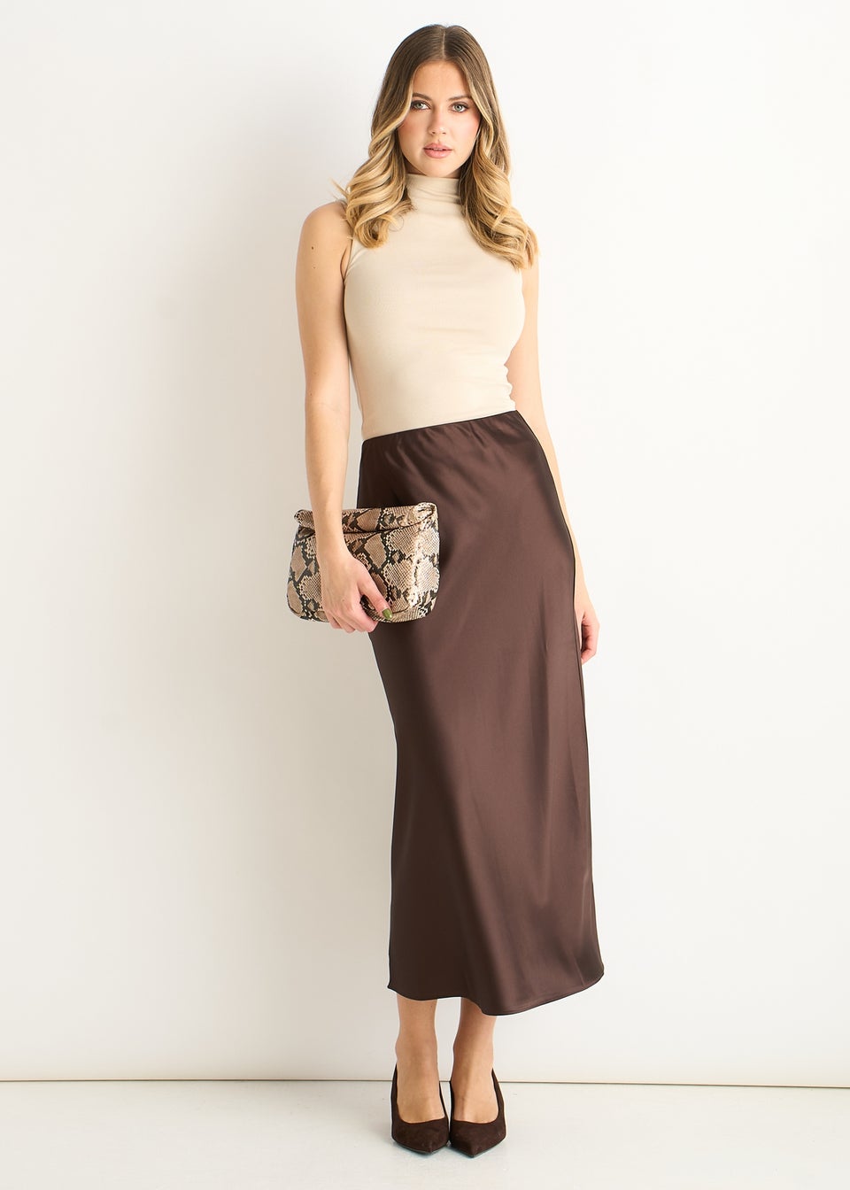 Gini London Chocolate Satin Bias Cut Midi Skirt