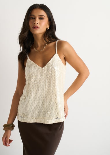 Gini London Cream Sequin V Neck Cami Top