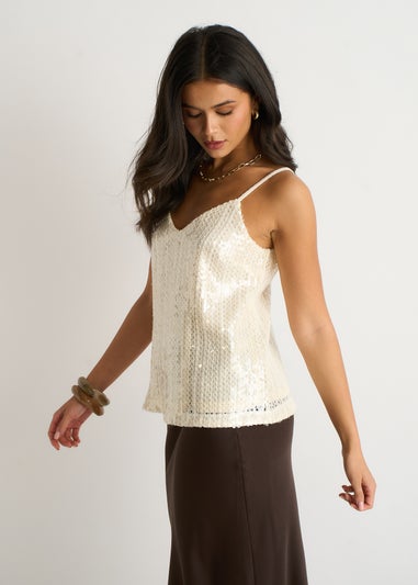 Gini London Cream Sequin V Neck Cami Top