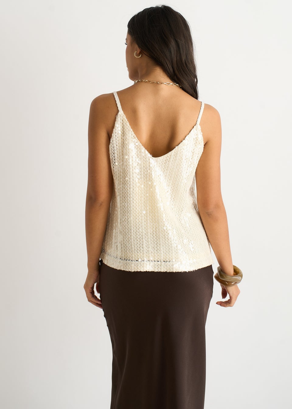 Gini London Cream Sequin V Neck Cami Top