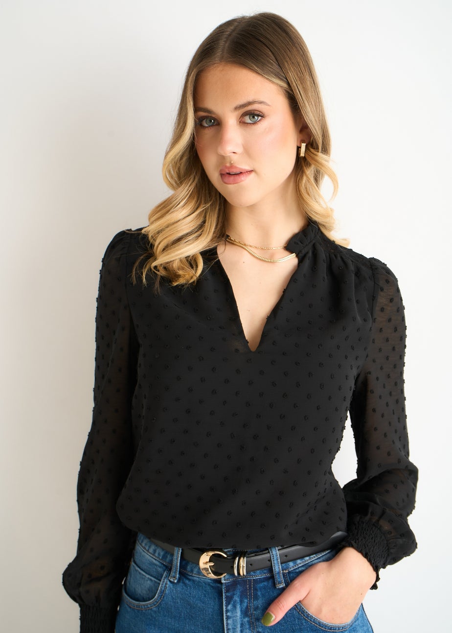 Gini London Black Dobby Chiffon Frill Neck Blouse