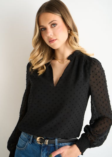 Gini London Black Dobby Chiffon Frill Neck Blouse