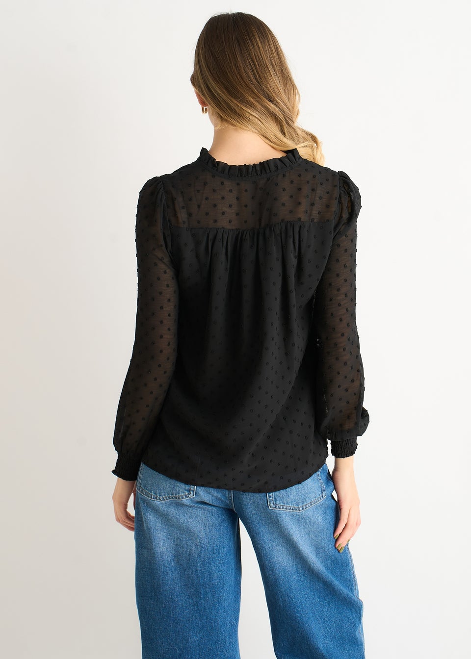 Gini London Black Dobby Chiffon Frill Neck Blouse