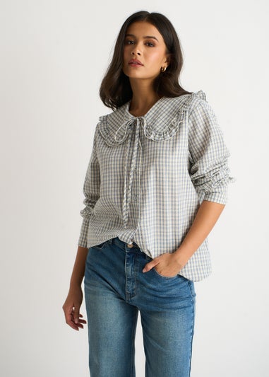 Gini London Blue Gingham Textured Check Peter Pan Collared Shirt