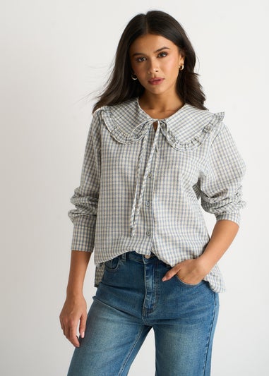 Gini London Blue Gingham Textured Check Peter Pan Collared Shirt