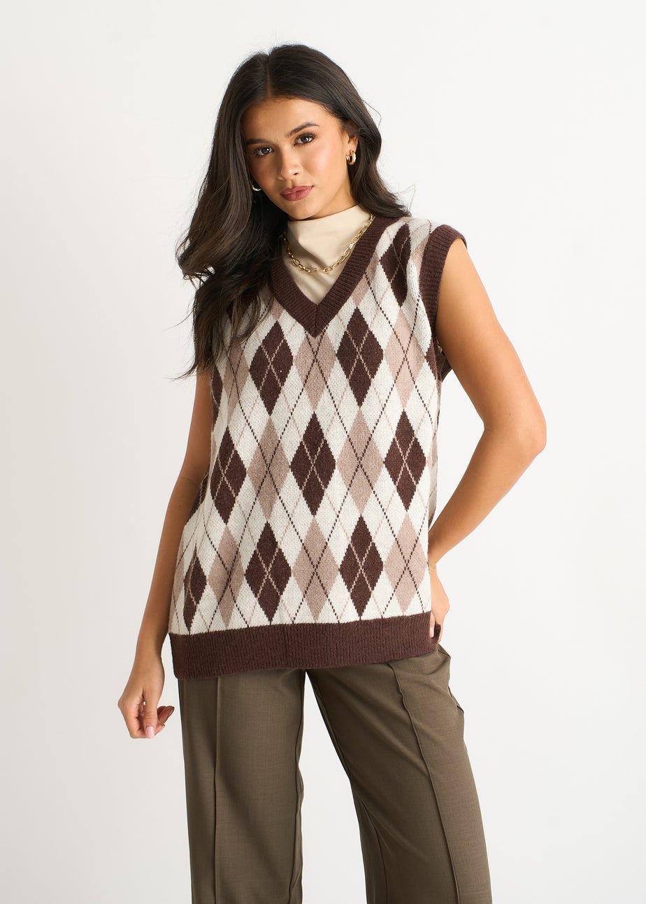 Gini London Chocolate Argyle Knit Vest Jumper