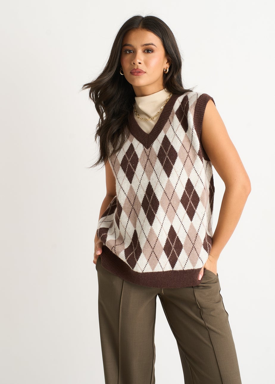 Gini London Chocolate Argyle Knit Vest Jumper