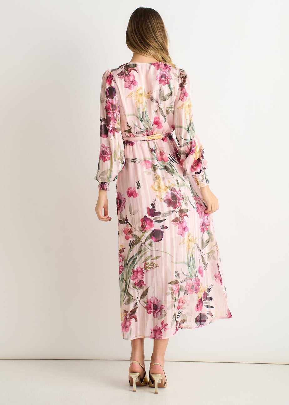 Gini London Pink Floral Print Sparkle Chiffon Wrap Midi Dress