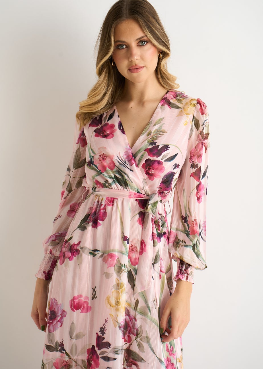 Gini London Pink Floral Print Sparkle Chiffon Wrap Midi Dress