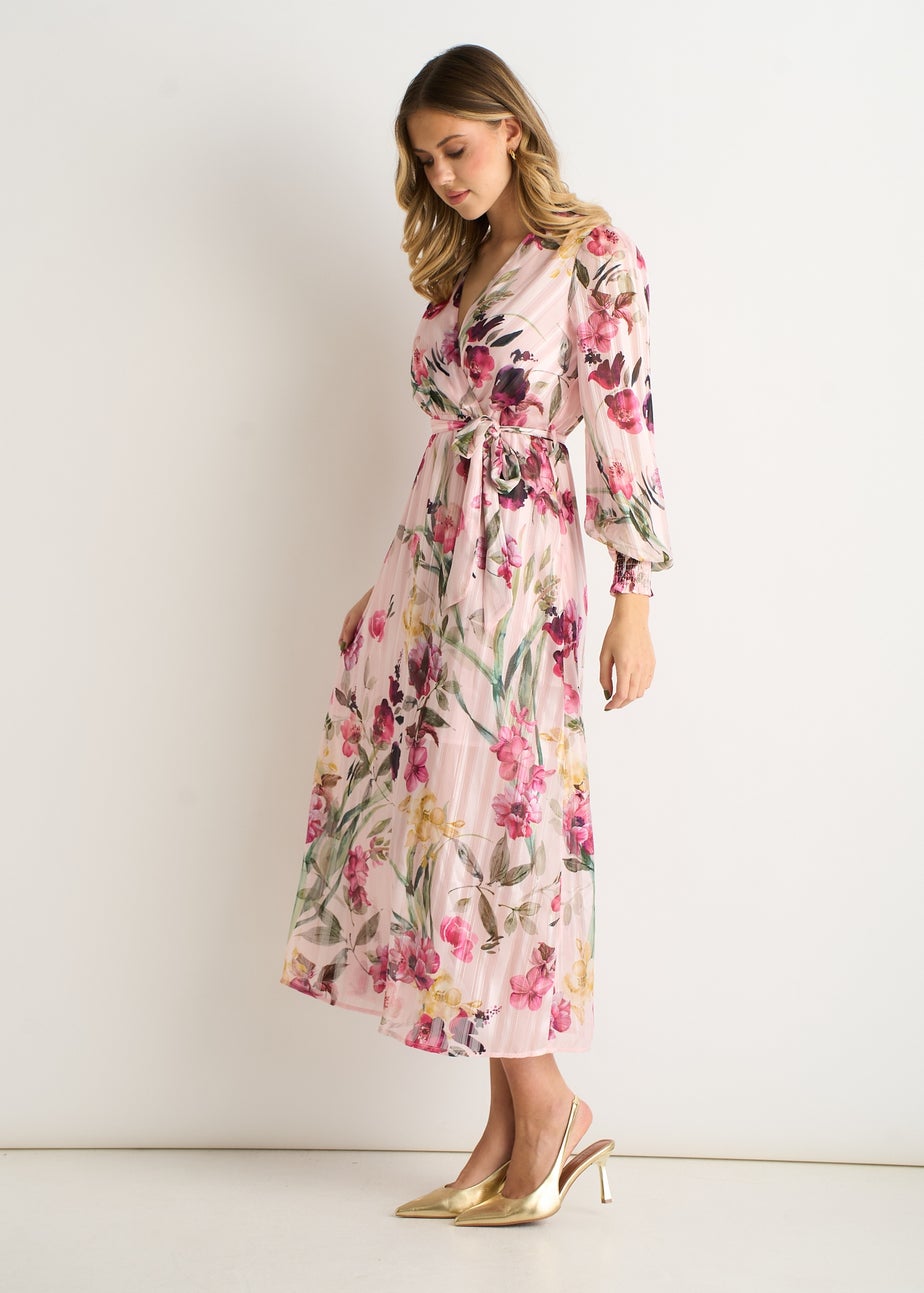 Gini London Pink Floral Print Sparkle Chiffon Wrap Midi Dress
