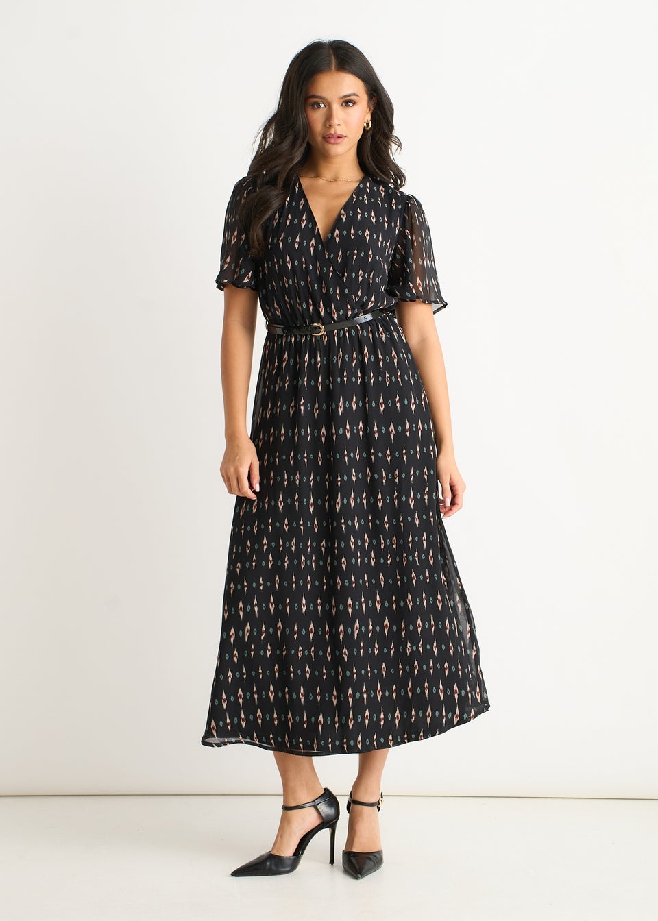 Gini London Black Geo Wrap Front Silk Fit & Flare Midi Dress