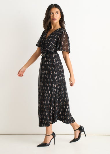 Gini London Black Geo Wrap Front Silk Fit & Flare Midi Dress
