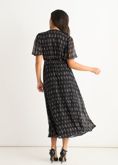 Gini London Black Geo Wrap Front Silk Fit & Flare Midi Dress