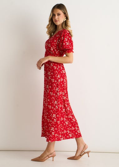 Gini London Red Ecovero Viscose Lace Trim Midi Dress