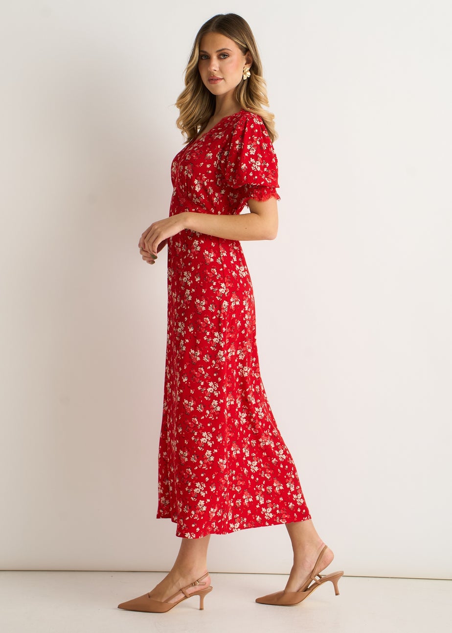 Gini London Red Ecovero Viscose Lace Trim Midi Dress