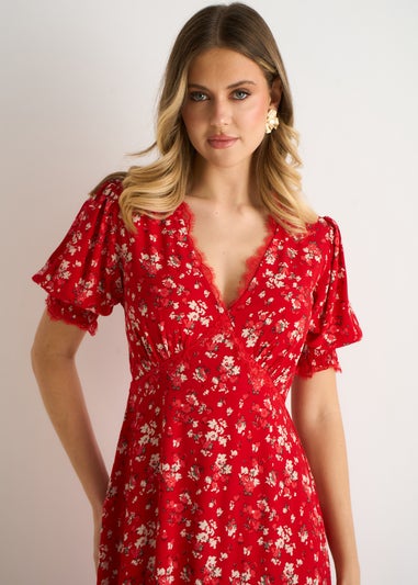 Gini London Red Ecovero Viscose Lace Trim Midi Dress