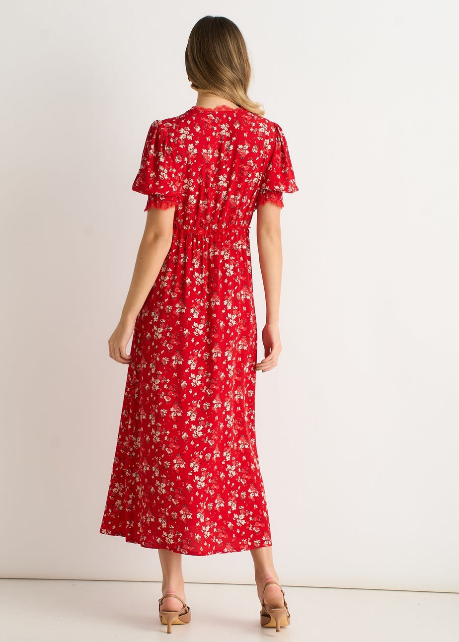 Gini London Red Ecovero Viscose Lace Trim Midi Dress