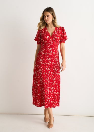 Gini London Red Ecovero Viscose Lace Trim Midi Dress