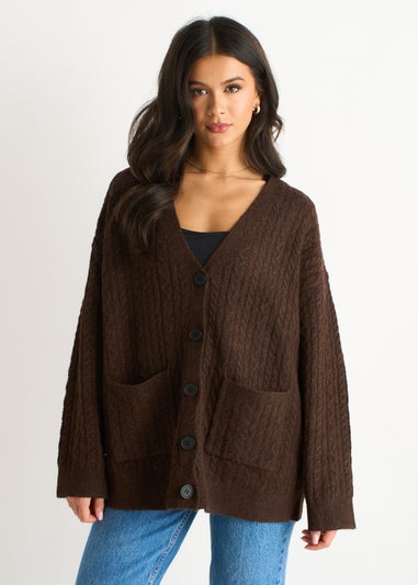 Gini London Brown Cable Patch Pocket Knitted Cardigan