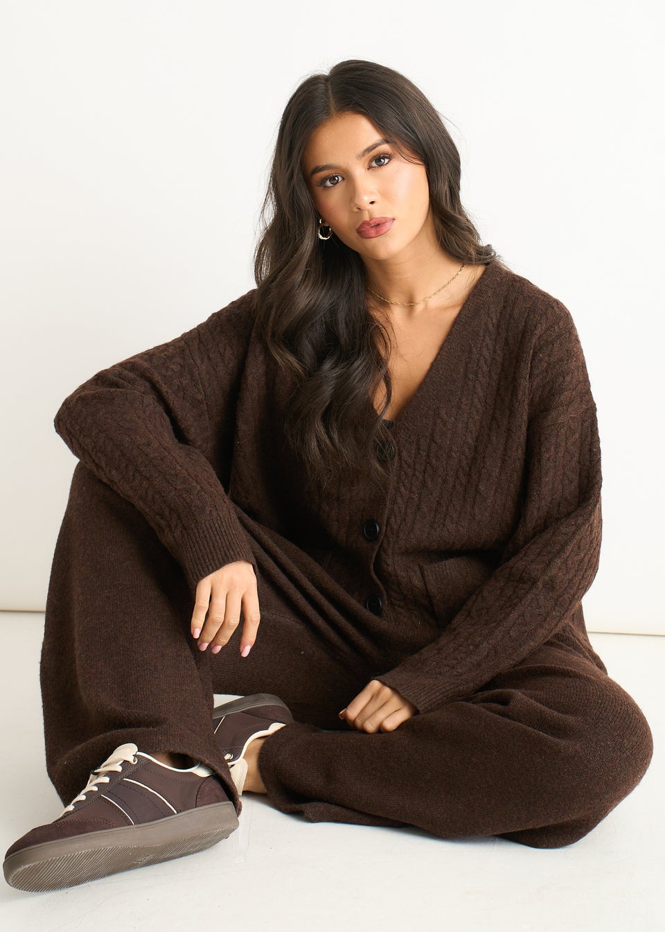 Gini London Brown Cable Patch Pocket Knitted Cardigan