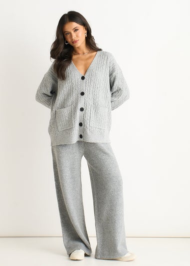 Gini London Grey Cable Patch Pocket Knitted Cardigan