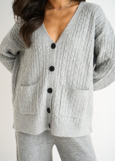 Gini London Grey Cable Patch Pocket Knitted Cardigan