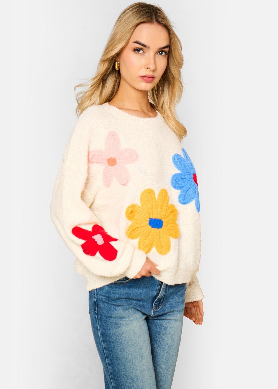 Gini London Cream 3D Flower Crochet Knitted Jumper