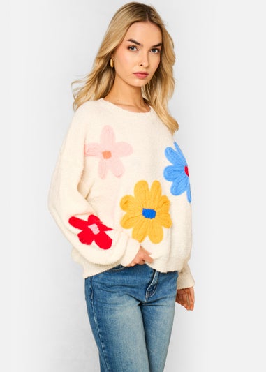 Gini London Cream 3D Flower Crochet Knitted Jumper