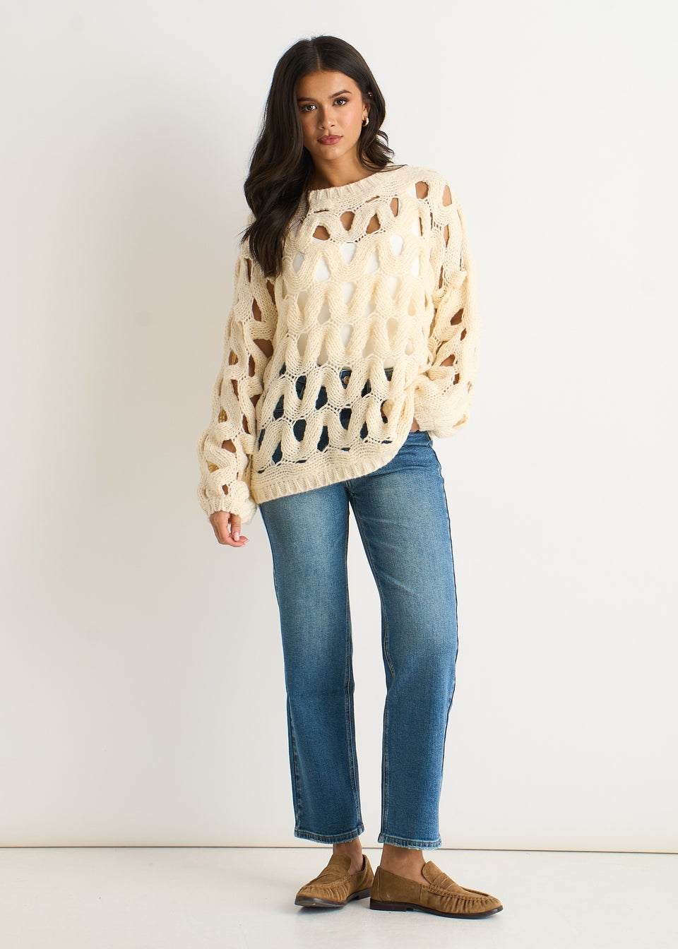 Gini London Butter Cream Hollow Chunky Knit Jumper