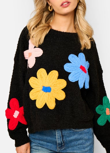 Gini London Black 3D Flower Crochet Knitted Jumper