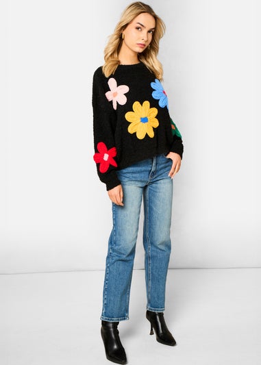 Gini London Black 3D Flower Crochet Knitted Jumper